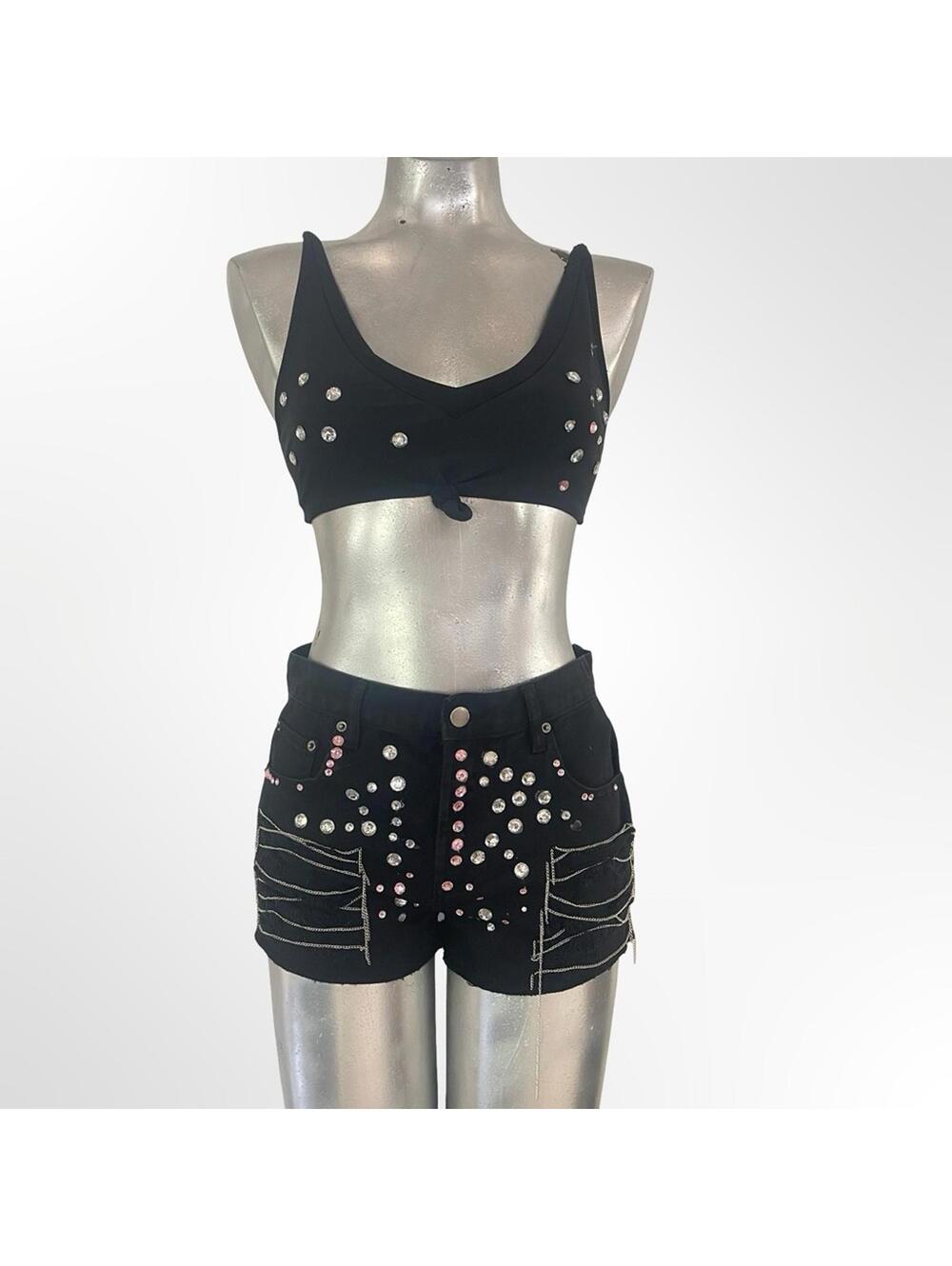 Forever 21 Black Rhinestone & Studded Denim Shorts & Top